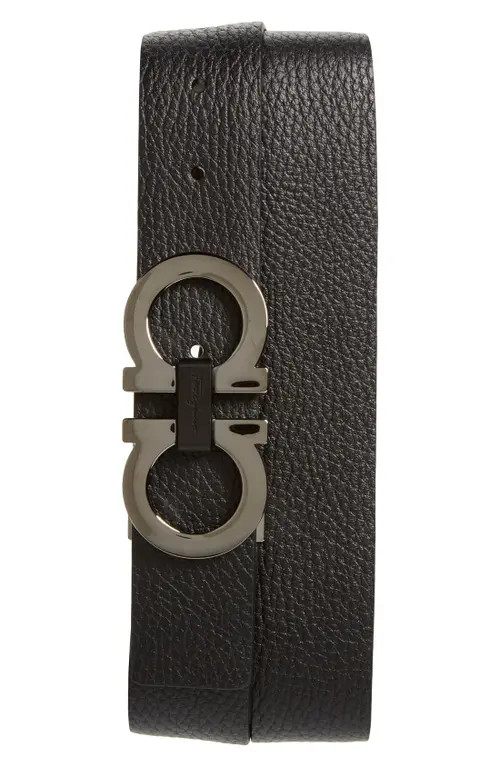 FERRAGAMO Reversible Double Gancio Belt in Black/hickory at Nordstrom, Size 42 | Nordstrom