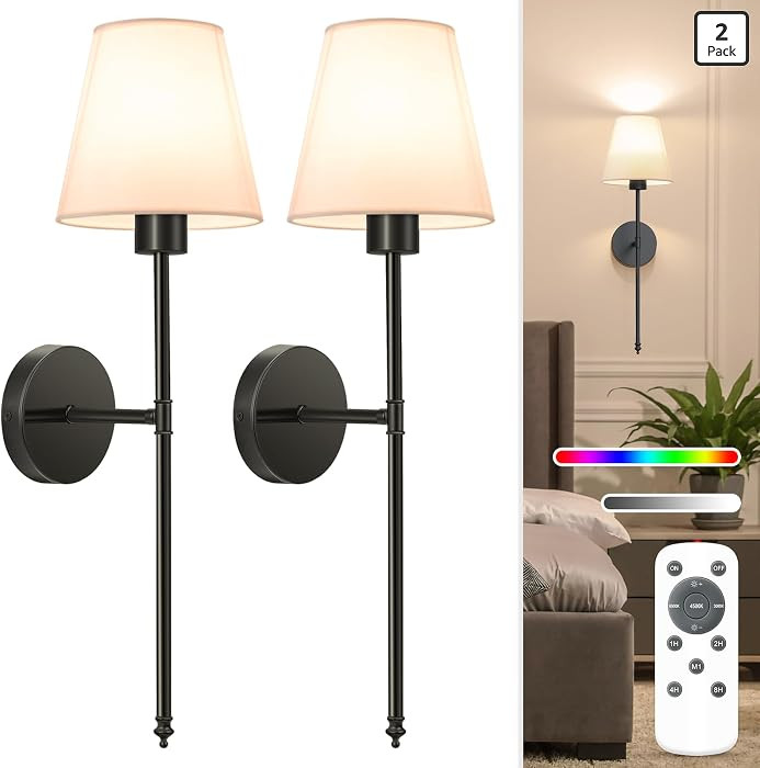 Battery Operated Wall Sconce Set of 2,Black Rechargeable Wall Lights with 10400mAh Dimmable Bulbs and Remote,10 Colors Wireless Wall Lamps for Bedroom Living Room Hallway Decor | Amazon (US)