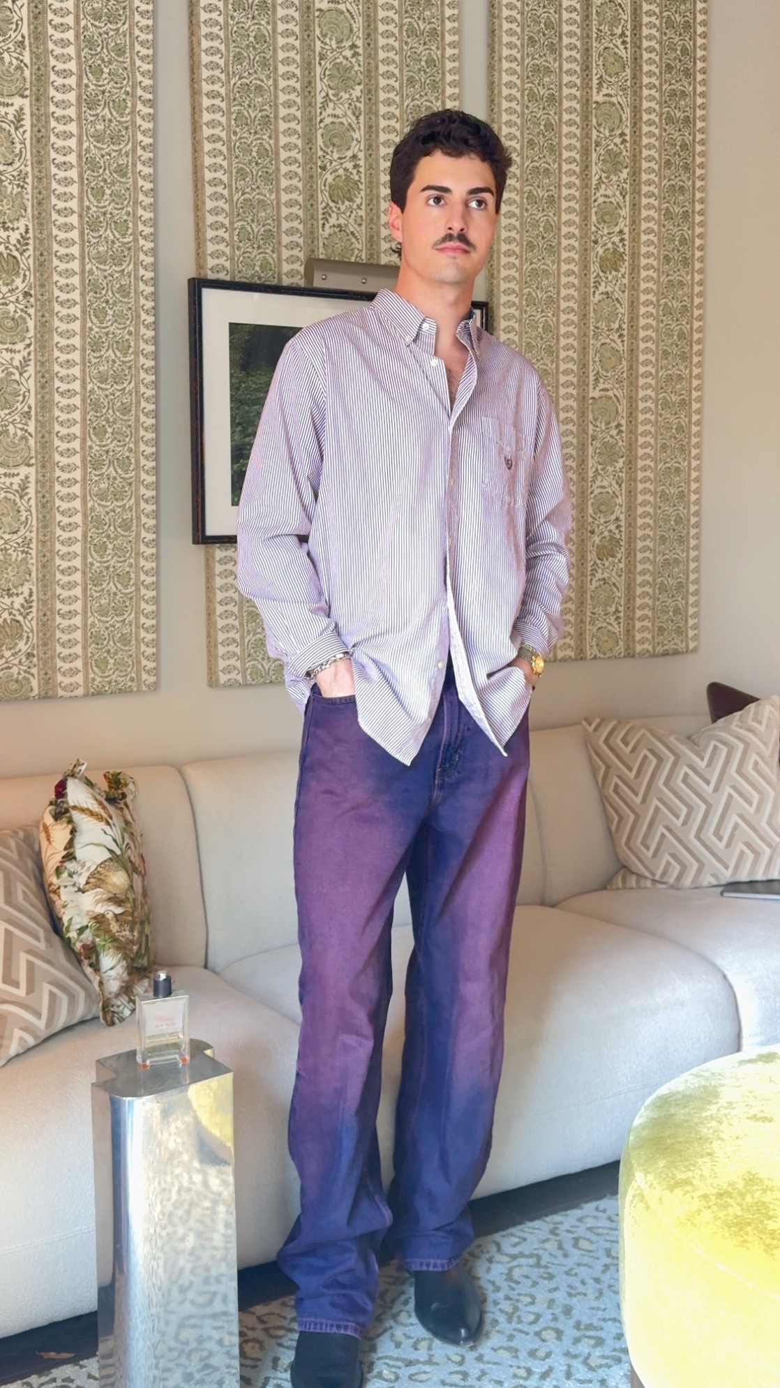 Men’s dinner outfit with purple jeans, striped button down, black cowboy boots, and Hermes cologne, men’s style, men’s fashion tips

#LTKStyleTip #LTKMens