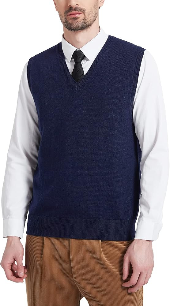 Kallspin Men's Wool Blended Relaxed Fit Sweater Vests Knit V-Neck Sleeveless Sweater | Amazon (US)