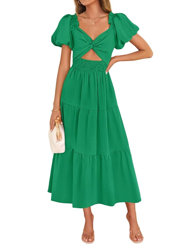 ZESICA Womens Summer 2025 Boho Vacation Dress Short Puff Sleeve Flowy Smocked Cutout A Line Beach... | Amazon (US)