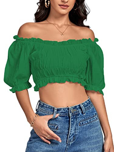 LYANER Women's Off Shoulder Ruffle Trim Ruched Short Sleeve Blouse Crop Top Green Large | Amazon (US)