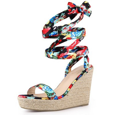 Perphy Women's Platform Floral Printed Open Toe Espadrille Wedge Sandals Black 7.5 | Target