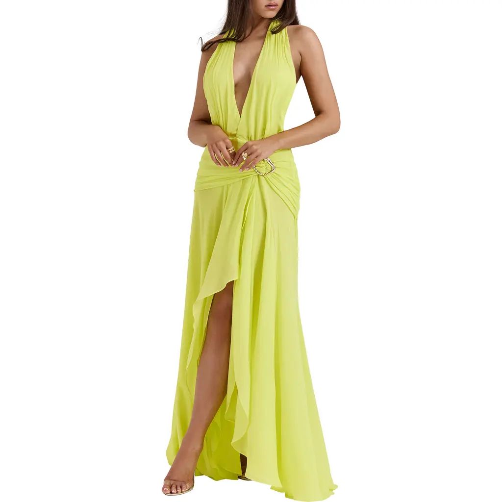 HOUSE OF CB Olessia Plunge Halter Maxi Dress in Limeade at Nordstrom, Size Large | Nordstrom