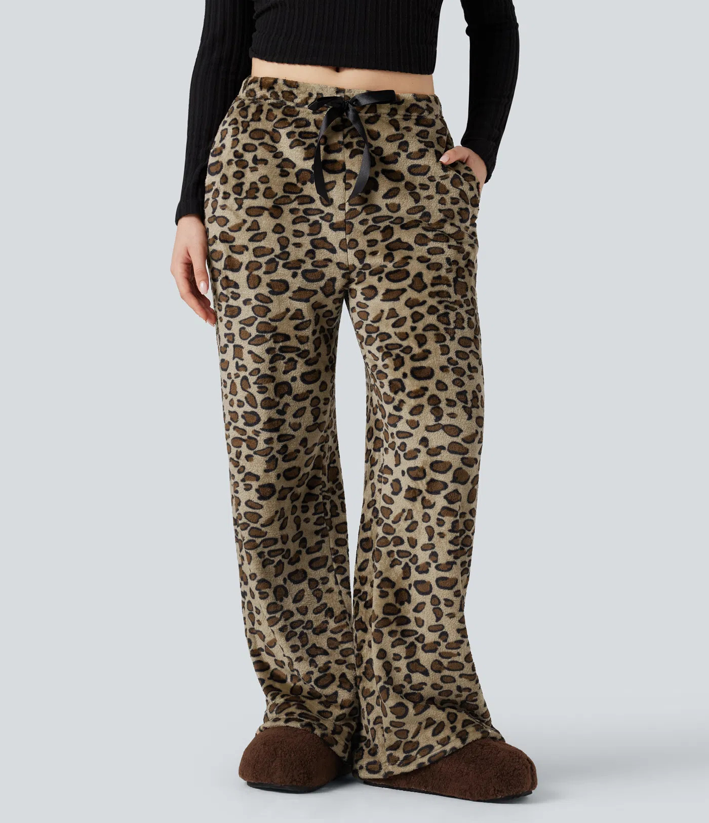 Women’s Mid Rise Drawstring Leopard Print Fleece Casual Baggy Pants with Pockets - Halara | HALARA