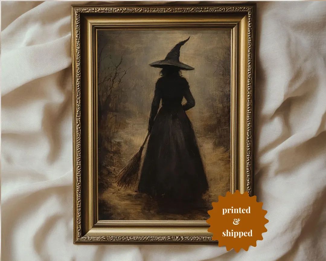 Witch in Autumn Halloween Moody Vintage Style Painting Cottage Halloween Decor PRINTED AND SHIPPE... | Etsy (US)