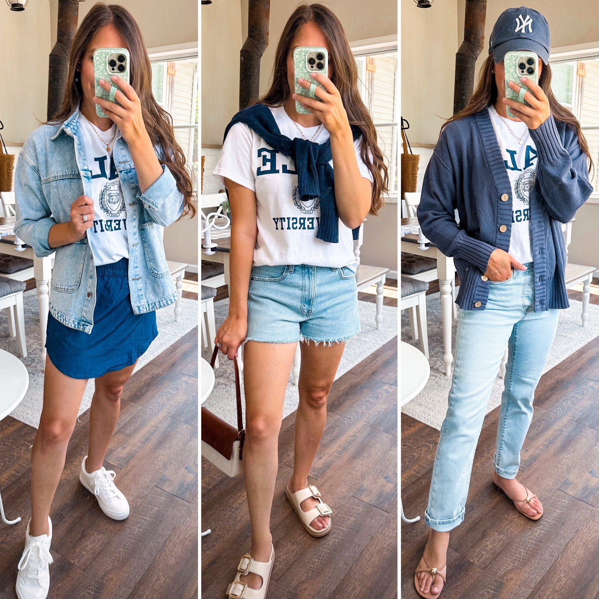 Summer capsule wardrobe: styling graphic tee. This one is from Amazon. Three different university graphics to choose from. Size small 
Denim jeans tts 
Shorts tts 
Athletic skirt XS 
Shoes all tts 
Denim jacket XS 
Cardigan small part of set 

#LTKStyleTip #LTKFindsUnder100 #LTKFindsUnder50