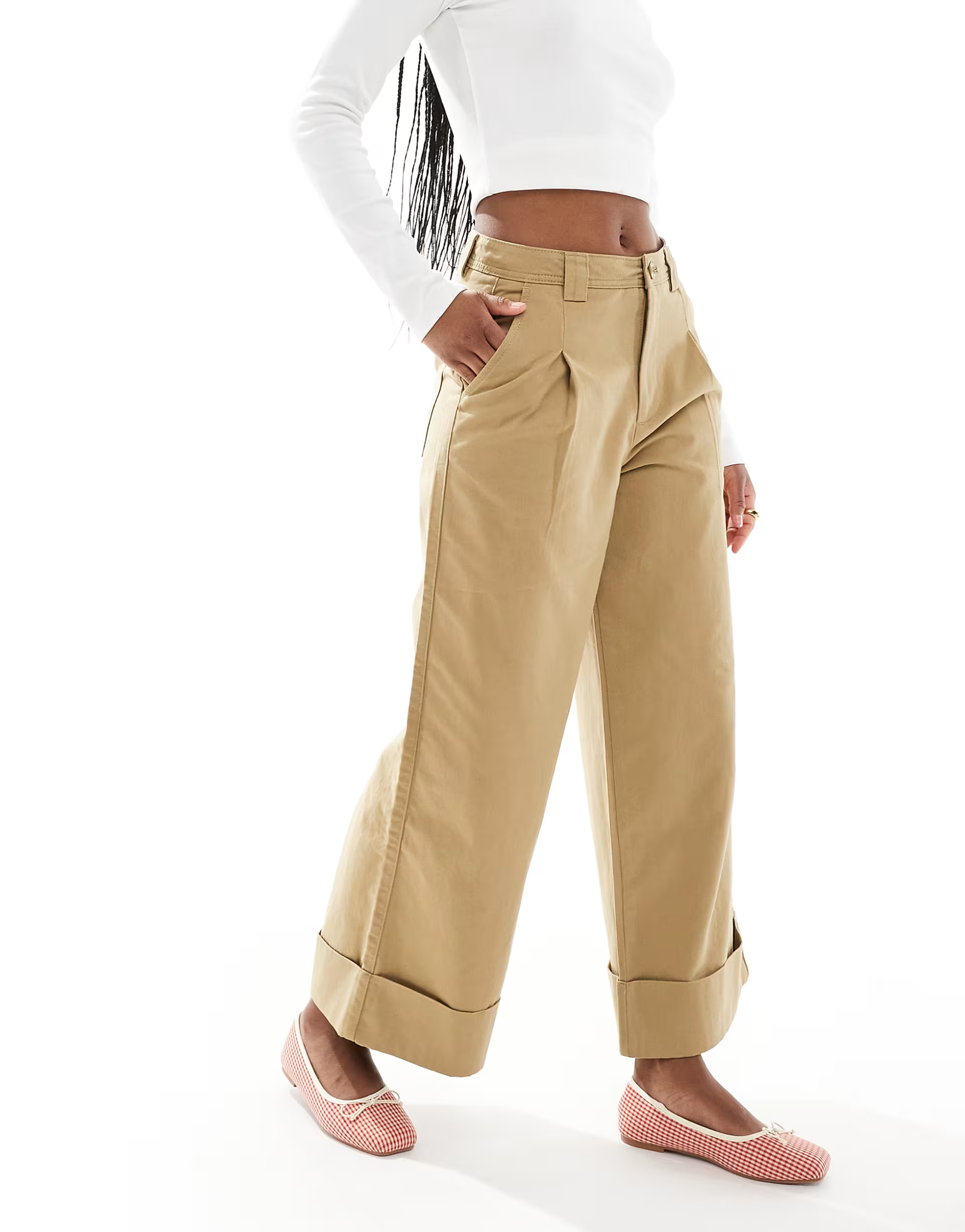 ASOS DESIGN brushed wide leg turn up ankle grazer in stone | ASOS (Global)