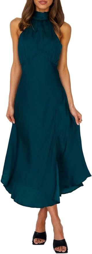 BEOVR Summer Halter Neck Slit Cocktail Midi Dress 2023 Sexy Cut Out Elegant High Neck Long Dresse... | Amazon (US)