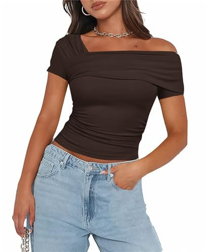 Women's One Off The Shoulder Top - Short Sleeve Ruched Going Out Crop Top Slim Fit Y2K T Shirt | Amazon (US)
