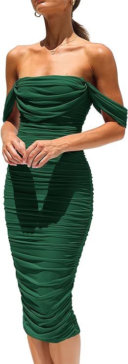 PRETTYGARDEN Women's Summer Off The Shoulder Ruched Bodycon Dresses Sleeveless Fitted Party Club ... | Amazon (US)