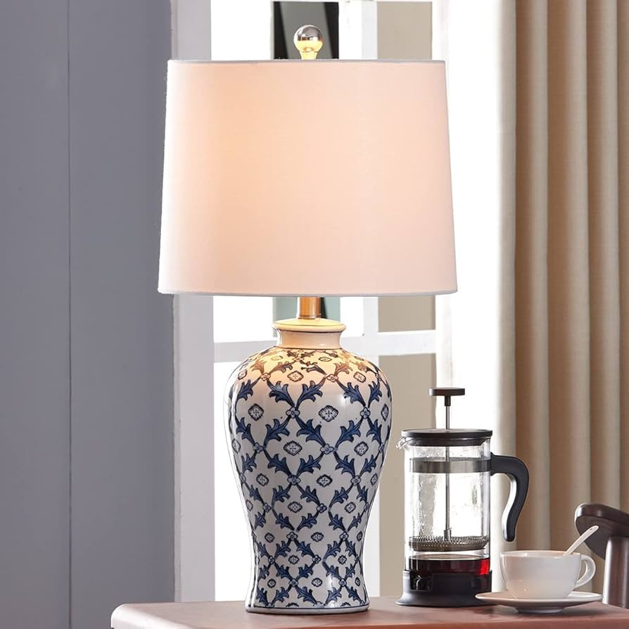 Maxax 25" Ceramic Table Lamp for Bedroom, Traditional Chinoiserie Bedside Lamp with Fabric Shade,... | Amazon (US)
