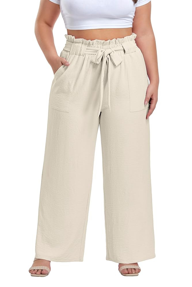 OLRIK Women's Plus Size Pants Summer High Waisted Wide Leg Casual Trousers with Pockets Self-Tie ... | Amazon (US)