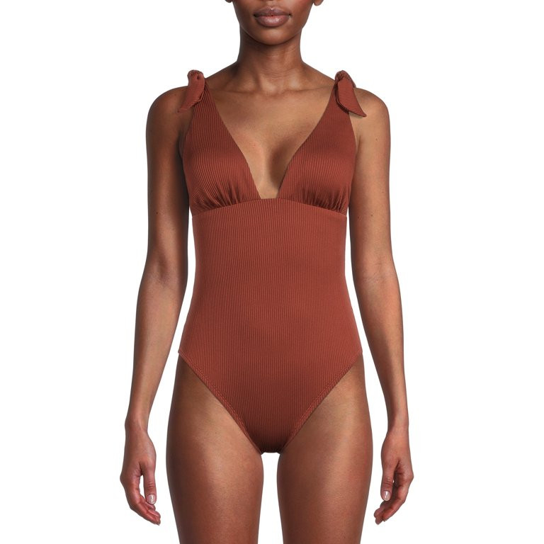 Social Angel Women's Ribbed Tie Shoulder One Piece Swimsuit | Walmart (US)