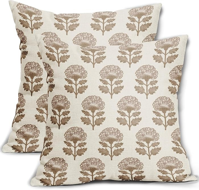 Brown Floral Block Print Pillow Covers 20x20 Set of 2 Flower Pattern Cream Decorative Throw Pillo... | Amazon (US)