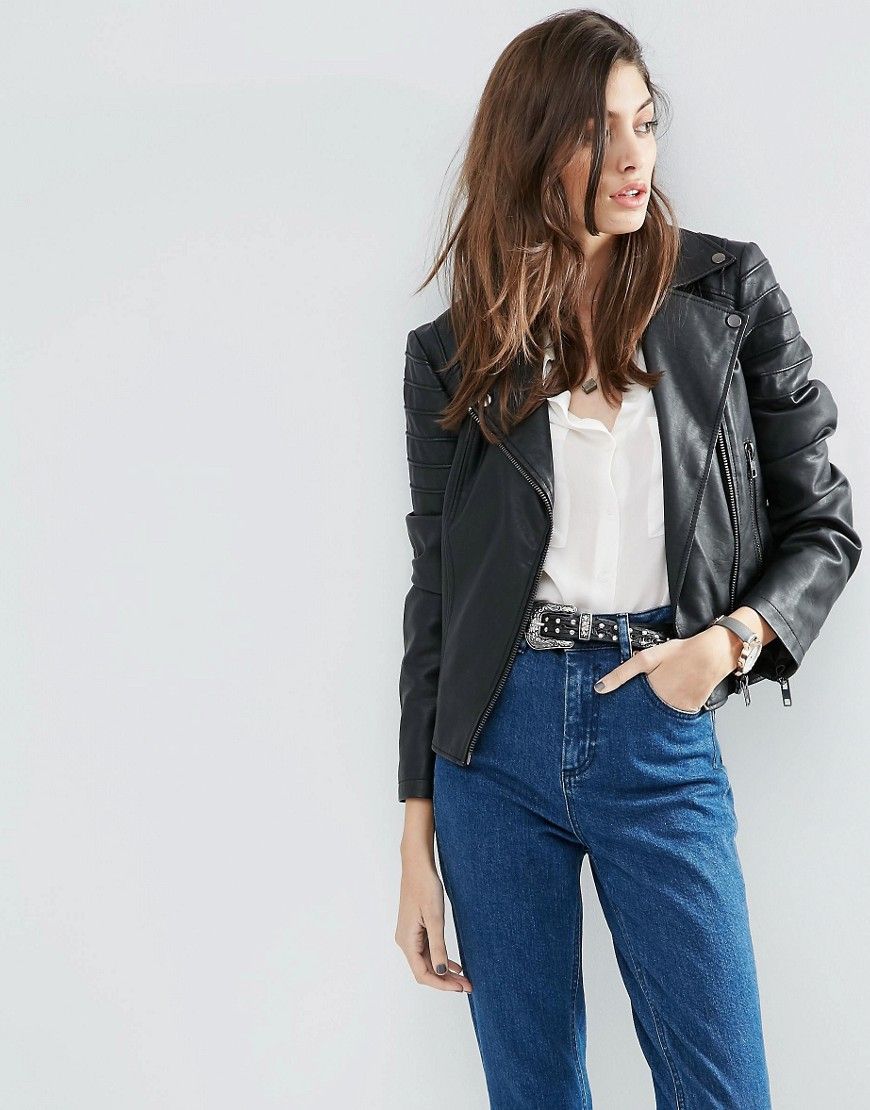 ASOS Ultimate Faux Leather Biker Jacket with Piped Detail - Black | ASOS UK