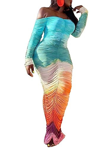 Famnbro Women's Sexy Off The Shoulder Long Sleeve Ruched Bodycon Maxi Dress Gradient Dresses Multi | Amazon (US)