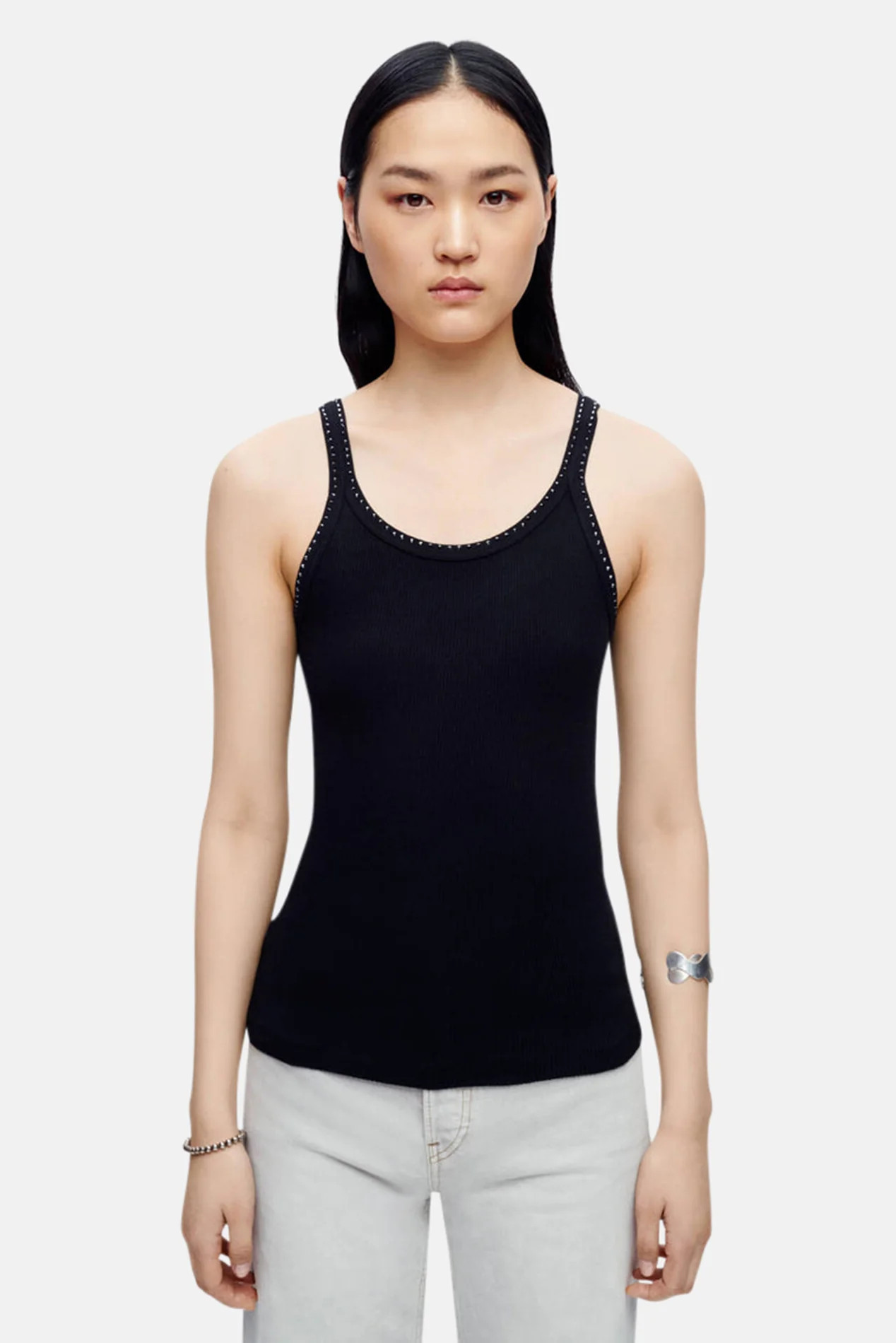 Ribbed Tank Black with Rhinestones | Blue & Cream