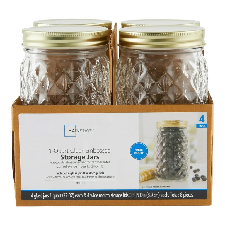 Mainstays 32 oz Airtight Clear Embossed Glass Wide Mouth Storage Jars (4 Count) | Walmart (US)
