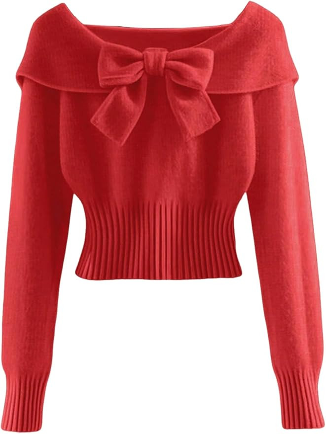 Verdusa Women's Bowknot Foldover Sweater Cinched Waist Crop Tops Trendy Fall Knit Pullovers | Amazon (US)