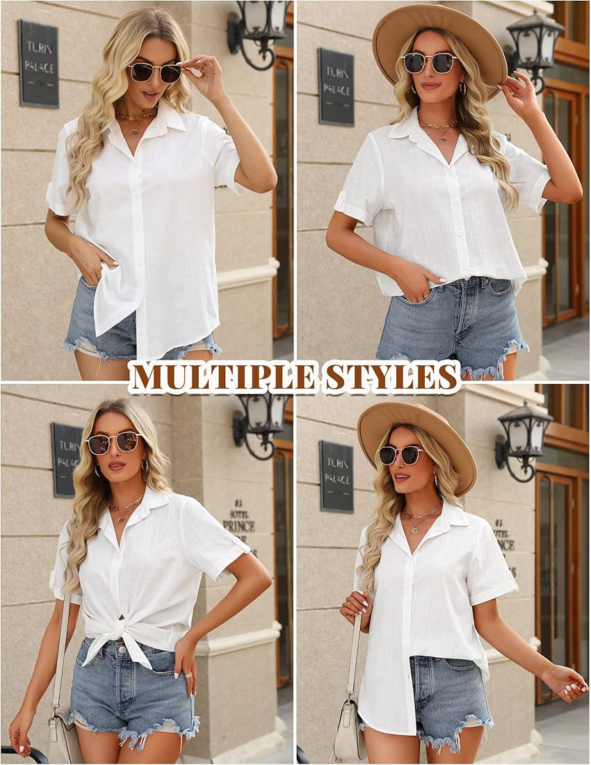 Linen Button Down Shirt Women Roll-Up Cuffed Short Sleeve Blouses V Neck Collared Shirts Summer B... | Amazon (US)