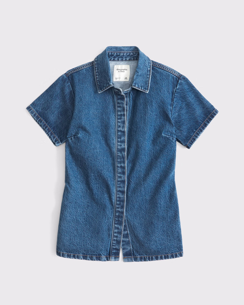 Abercrombie & Fitch Women's Short-Sleeve Denim Shirt in Denim - Size XXS | Abercrombie & Fitch (US)