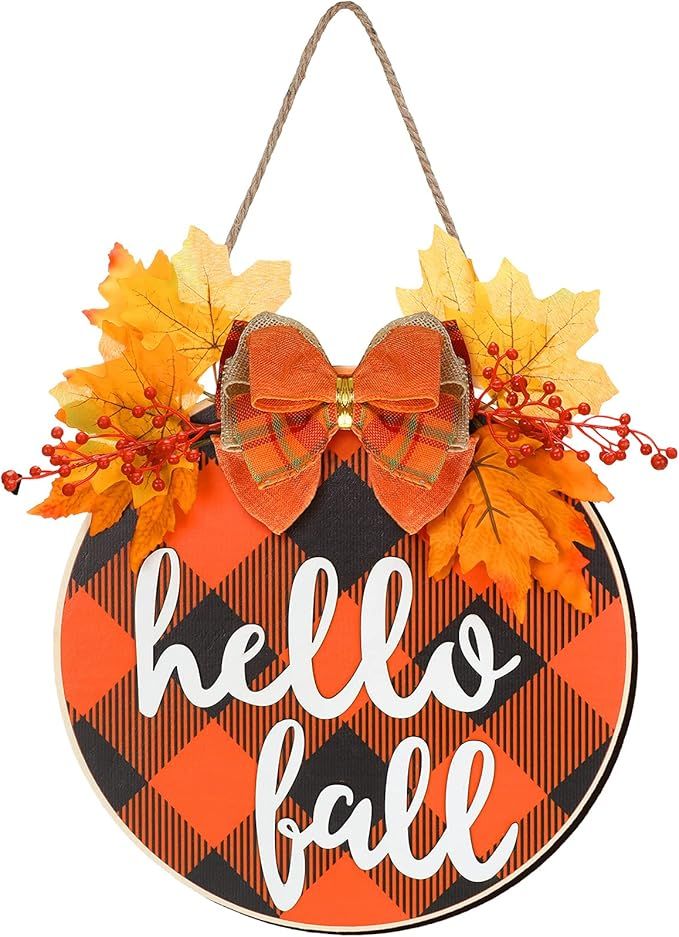 Hello Fall Hanging Wood Sign Thanksgiving Day Front Door Sign 11.8 x 11.8 Inch Hello Fall Wreath ... | Amazon (US)