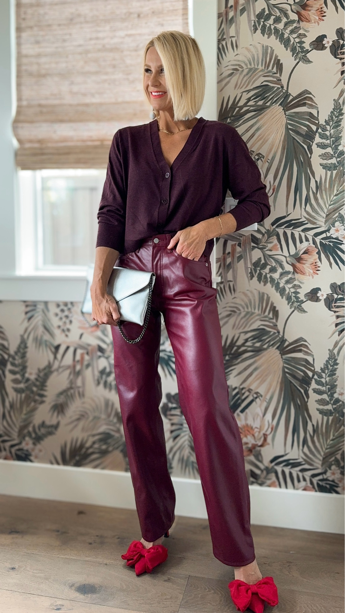 Monochrome, is always fun! 🍇🥀❤️And this color combo is SO gorgeous for the holidays! If monochromatic looks aren’t your thing, these are great pieces to pair with your favorite neutrals— think blacks, grays and creams.
Sizing ~ 
Cardigan: fits tts, wearing a medium 
Faux leather pants: fit tts, wearing size 4
Shoes: fit tts
💄true coral 
Earrings & metallic silver bag are old, but linked VERY similar styles.

#LTKHoliday #LTKParties #LTKSeasonal