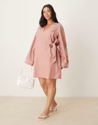 ASOS DESIGN Curve embroidered wrap shirt mini dress with wide cuff in stripe | ASOS (Global)