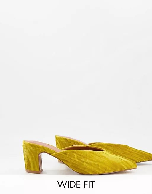ASOS DESIGN Wide Fit Siena mid heeled mules in mustard | ASOS (Global)
