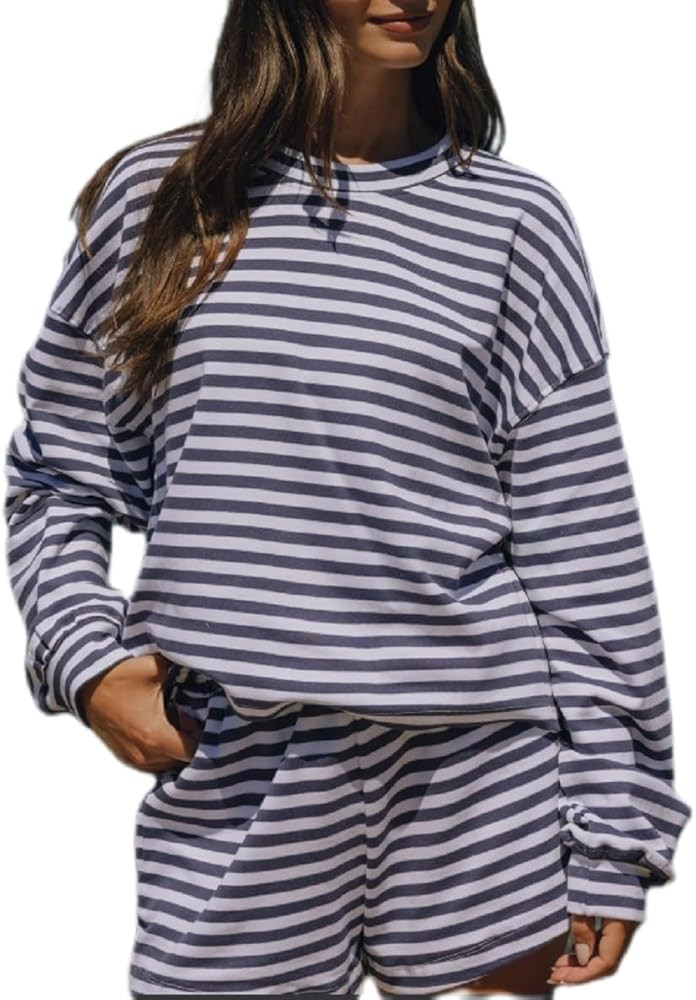 Women Y2K Striped Lounge Set Long Sleeve Oversized Sweatshirt Shorts Color Block 2 Piece Pajama O... | Amazon (US)