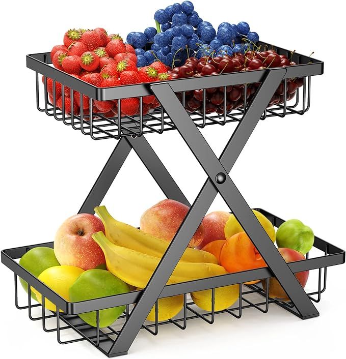 2 Tier Fruit Basket Bowl for Kitchen Counter,Bread Vegetable Fruit Basket Bowl Stand Detachable M... | Amazon (US)