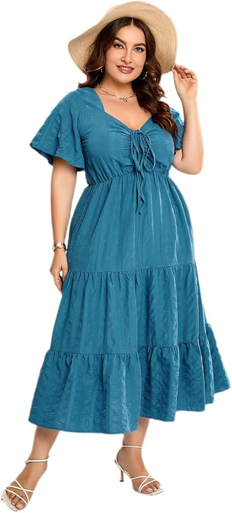 Women's Plus Size Summer Dress Sundress Sweetheart Neckline Short Sleeve Ruffle Hemline A Line Ti... | Amazon (US)