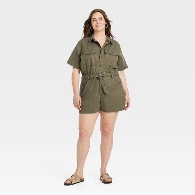 Women's Short Sleeve Denim Romper - Universal Thread™ Olive Green | Target