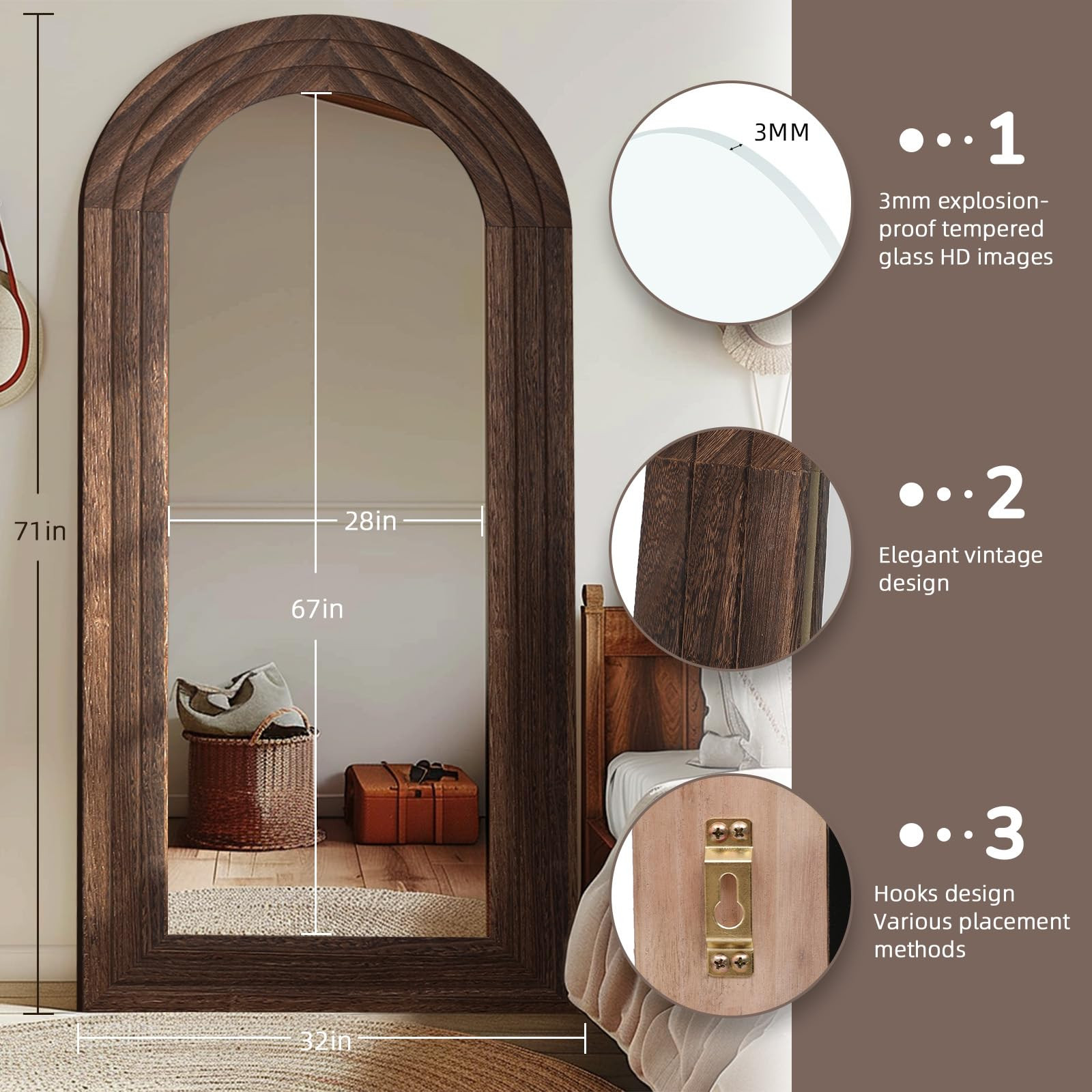 Amazon.com: ZHUNFA Arched Full Length Mirror with Solid Wood Frame, 71x32 Farmhouse Wall Mounted Floor Mirror with Stand, Vertical Hanging, Leaning Standing for Bedroom, Living Room, Brown : Home & Kitchen | Amazon (US)
