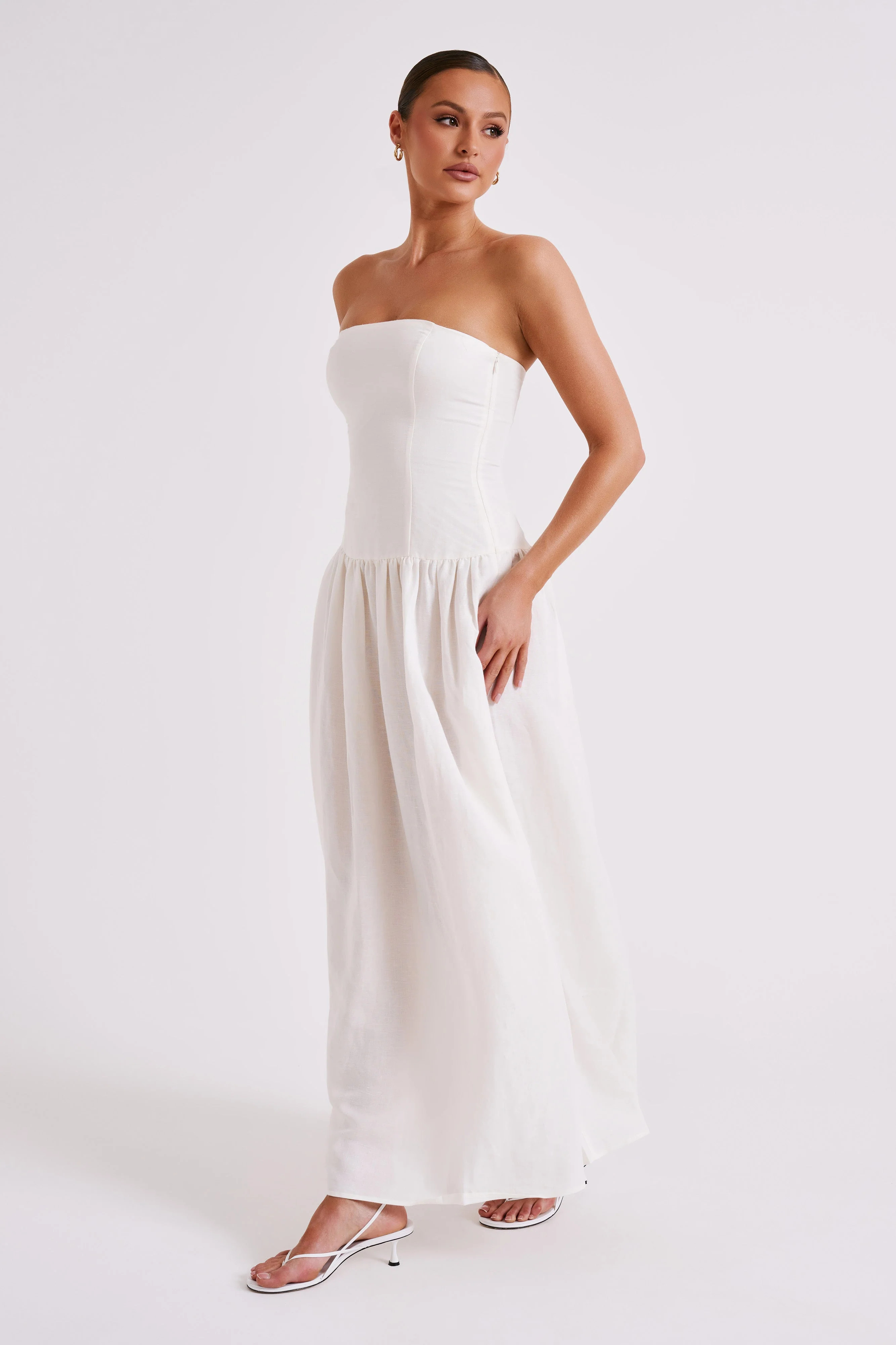 Audrina Strapless Linen Maxi Dress - White | MESHKI US