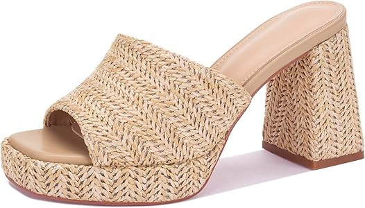 Monrovia Raffia Heeled Sandals for Women\uff0cPlatform Wedge Slip On Block Heel, Dressy Summer Op... | Amazon (US)