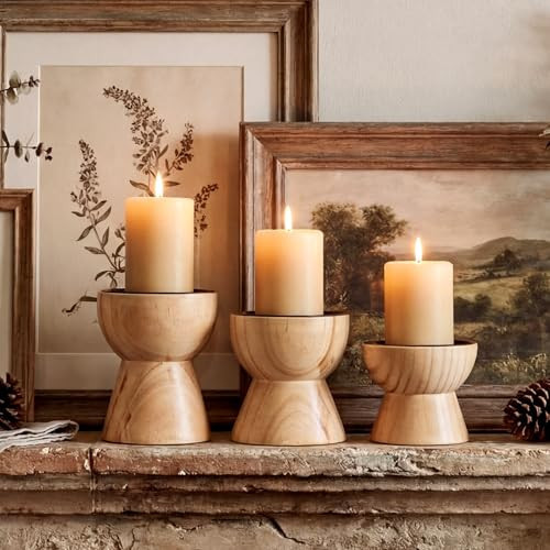 Mifoci Farmhouse Wooden Candle Pillar Holders Set of 3, Rusitc Brown Candle Holders for LED Flameless Pillar Candles Solid Wood Candlesticks Pedestal for Fireplace Mantle Table Centerpiece Decor | Amazon (US)