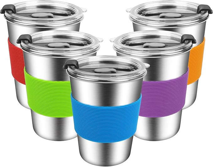 ShineMe Kids Stainless Steel Cups,12oz Kids Metal Drinking Glasses with Lids and Sleeves, 5pack R... | Amazon (US)
