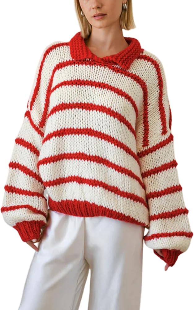Lentta Womens Striped Sweater Crewneck Drop Shoulder Long Balloon Sleeve Oversized Knit Pullover | Amazon (US)