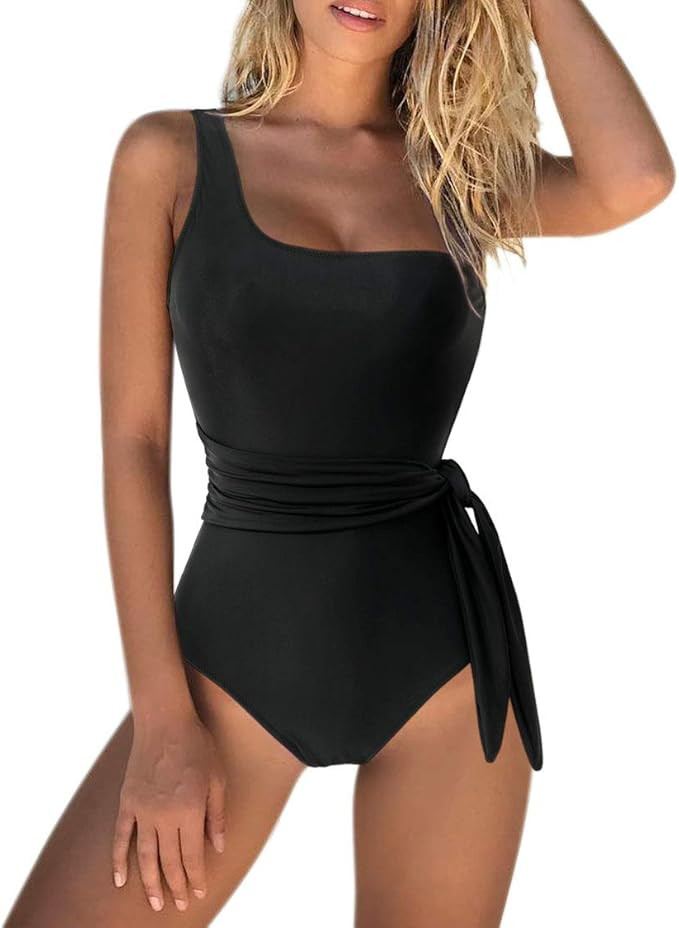 SUUKSESS Women One Shoulder One Piece Swimsuits Tie Knot High Waisted Monokini | Amazon (US)