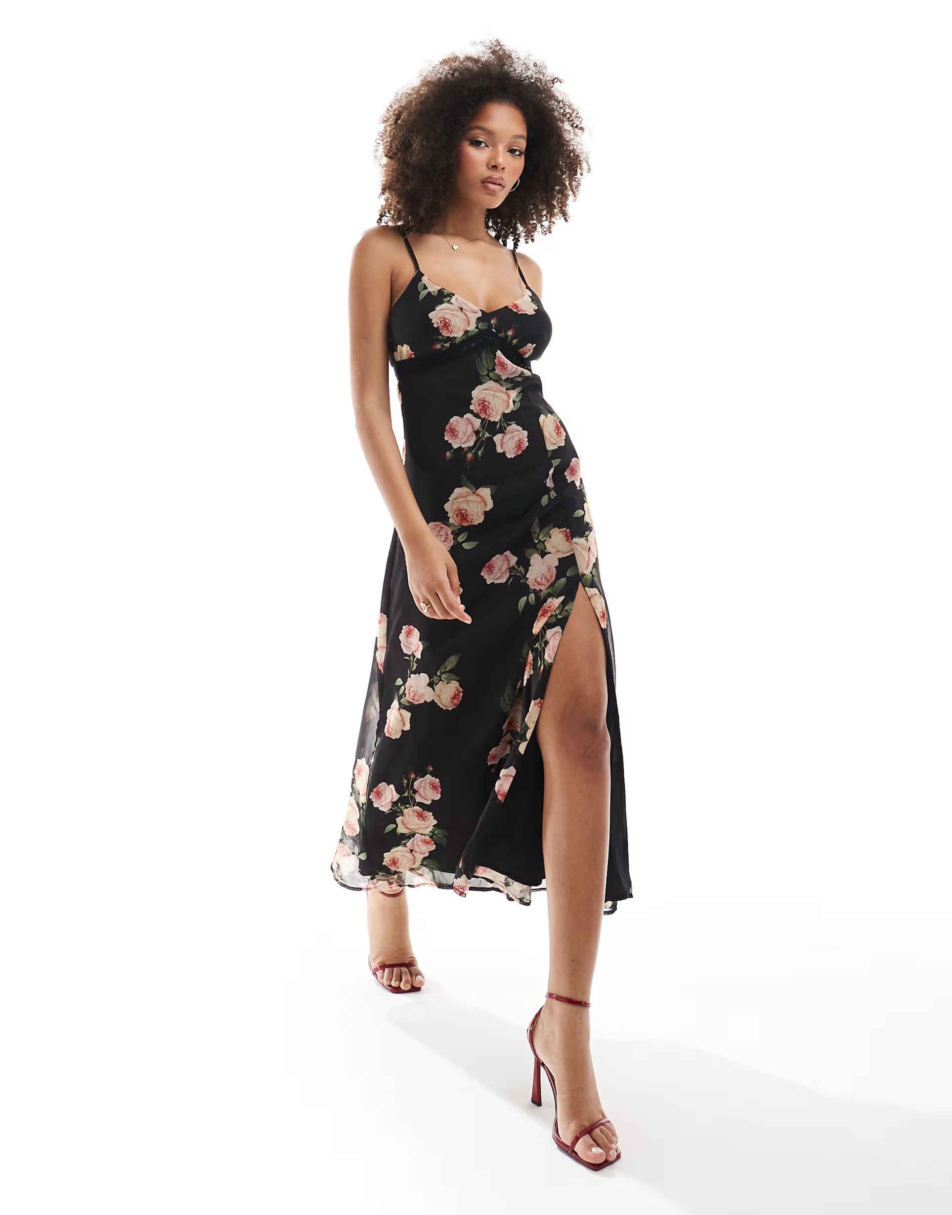 Miss Selfridge chiffon lace trim maxi slip dress in oversized rose print | ASOS (Global)