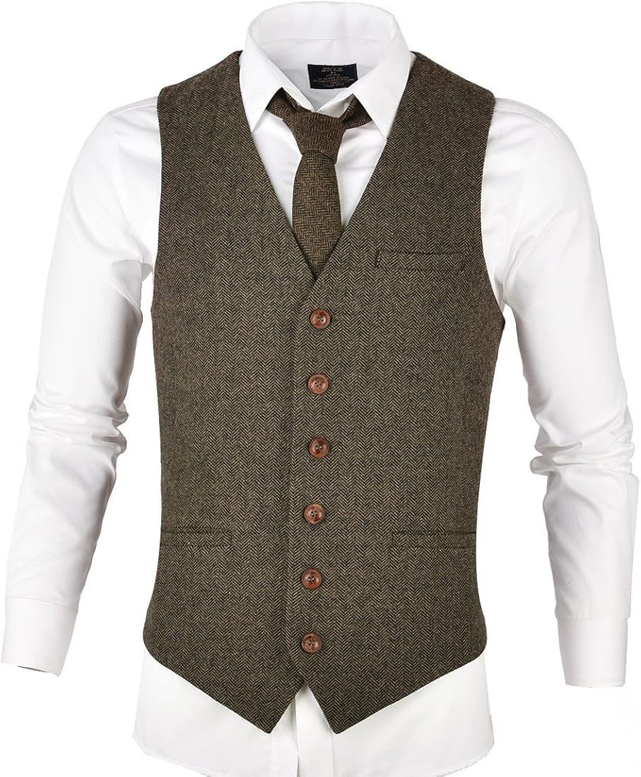 VOBOOM Men's Slim Fit Herringbone Tweed Suits Vest Premium Wool Blend Waistcoat | Amazon (US)
