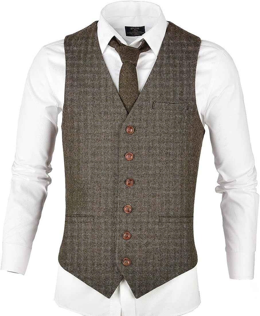 VOBOOM Men's Slim Fit Herringbone Tweed Suits Vest Premium Wool Blend Waistcoat | Amazon (US)