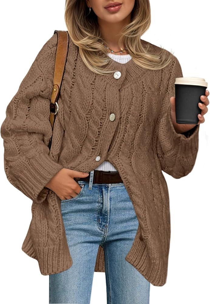 Saodimallsu Womens Cable Knit Cardigan Sweaters Chunky Button Up Long Sleeve Crew Neck Warm Loose... | Amazon (US)