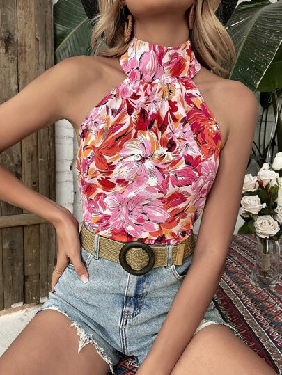 Keyhole Back Allover Floral Top | SHEIN