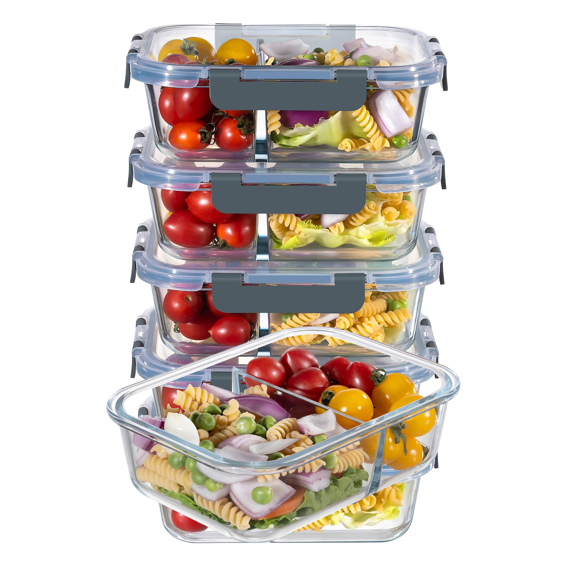 MFY 5-Pack 36 OZ Glass Storage Containers with Lids - 2 Compartment Meal Prep Set, Airtight Glass... | Amazon (US)