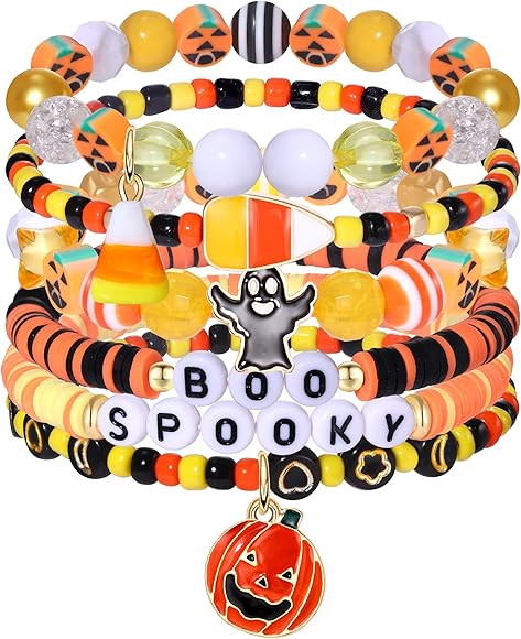 Halloween Bracelets Beaded Pumpkin Candy Corn Spider Ghost Charms Bracelets BOO Happy Halloween S... | Amazon (CA)