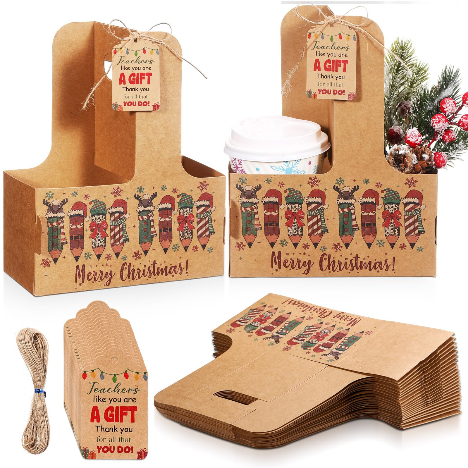 24 Sets Christmas Drink Carrier with Handle Disposable Kraft Paperboard Coffee Cup Holder with Ta... | Amazon (US)