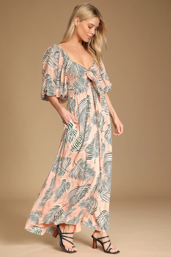 Tropical Take Blush Palm Print Tie-Front Maxi Dress With Pockets | Lulus (US)